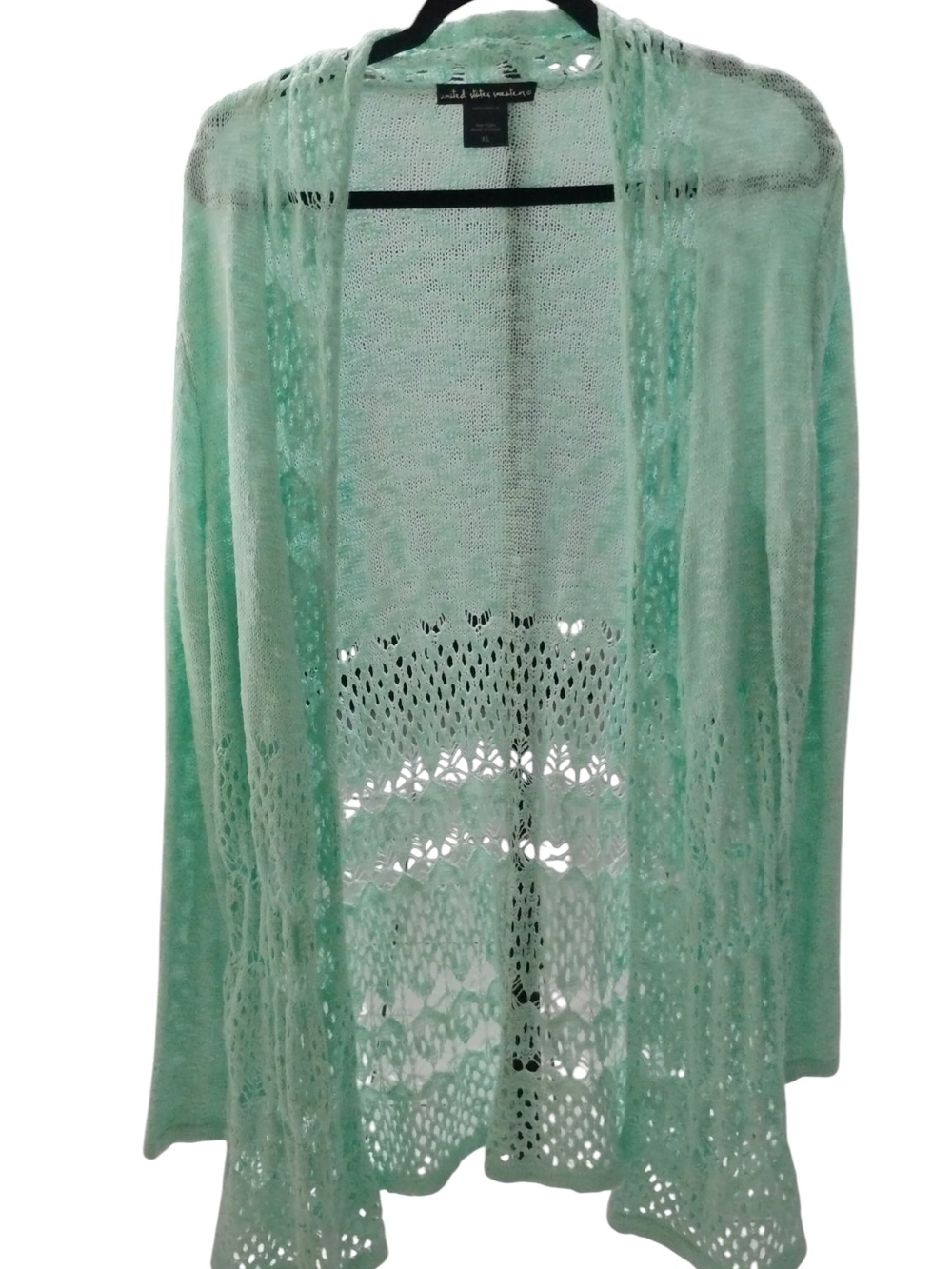 US Sweaters Light Green Aqua Lightweight Mint Open-Front Crochet Cardigan SZ XL